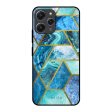 Turquoise Geometrical Marble Glass Case for Redmi 12 Sale