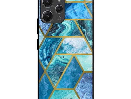 Turquoise Geometrical Marble Glass Case for Redmi 12 Sale