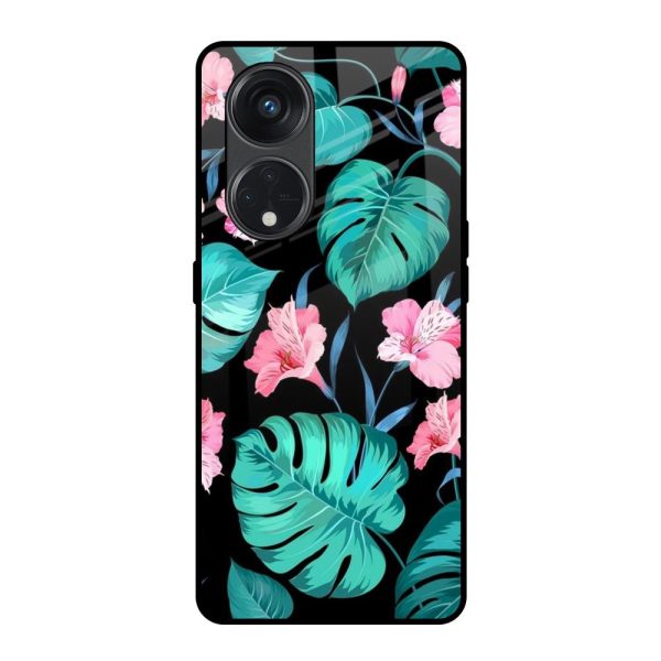 Tropical Leaves & Pink Flowers Glass Case for Oppo Reno8T 5G Fashion