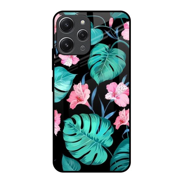 Tropical Leaves & Pink Flowers Glass Case for Redmi 12 For Cheap