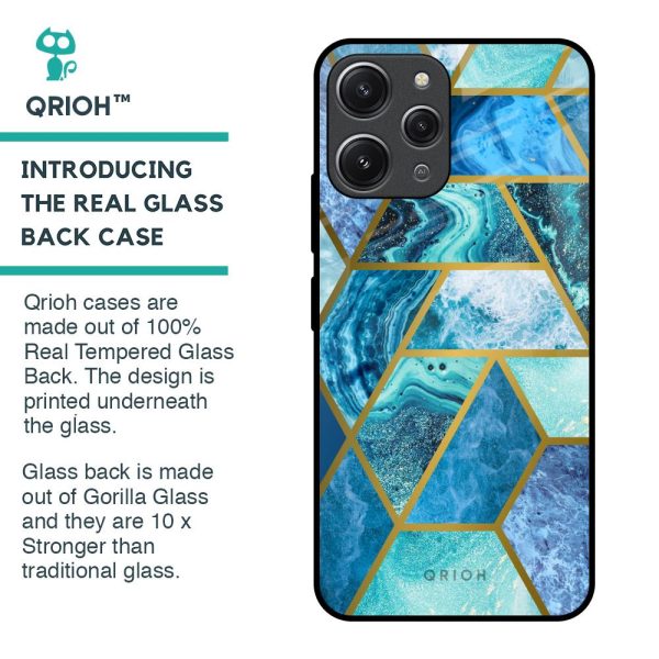 Turquoise Geometrical Marble Glass Case for Redmi 12 Sale