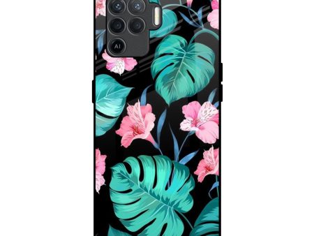 Tropical Leaves & Pink Flowers Glass Case for Oppo F19 Pro For Cheap